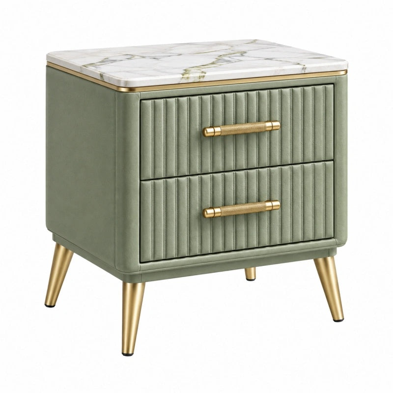 Comodino 50 x 40 x 60 cm in velluto verde con piano effetto marmo - 2 cassetti stile moderno