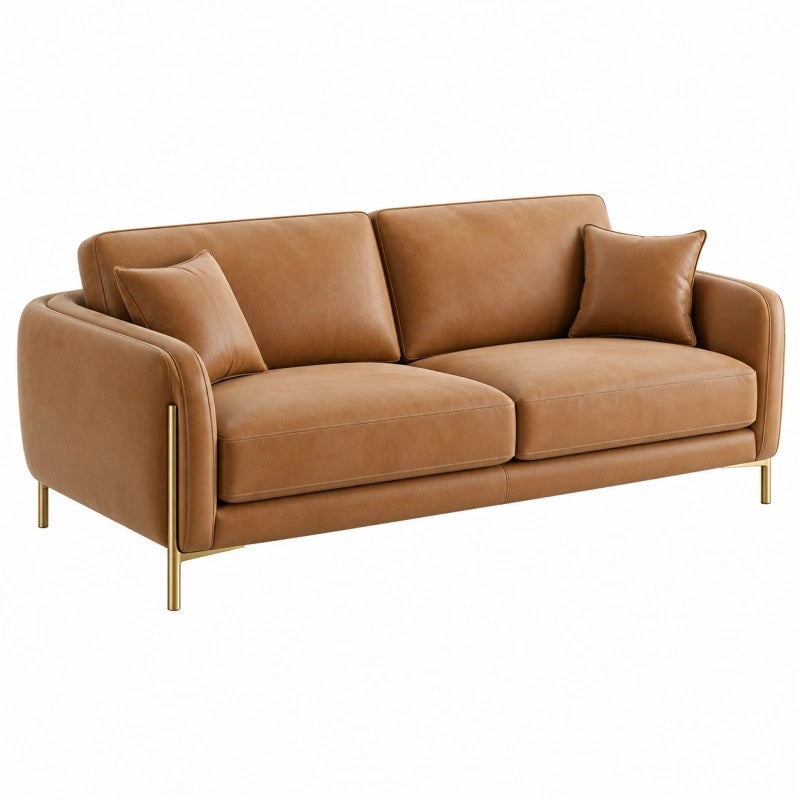 Divano 2 posti 190 x 85 x 82 cm in similpelle marrone cognac con piedi in metallo stile moderno