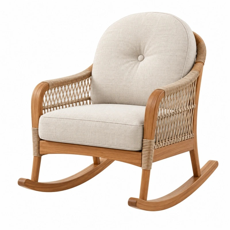 Sedia a dondolo 70 x 95 x 98 cm in legno e rattan naturale con seduta imbottita beige