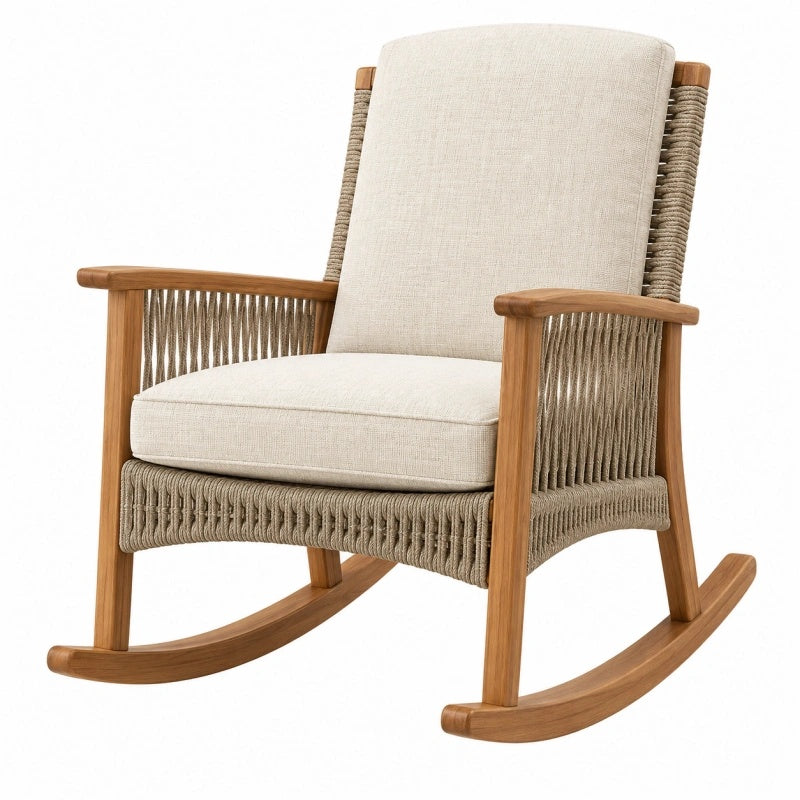 Sedia a dondolo 75 x 92 x 96 cm in legno naturale con corda intrecciata e cuscino beige per esterni