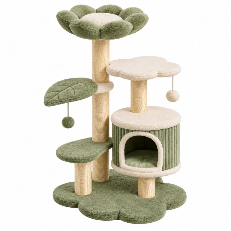 Tiragraffi per gatti 60 x 50 x 115 cm in sisal e peluche verde e beige con cuccia e piattaforme
