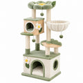 Tiragraffi per gatti 60 x 50 x 130 cm in legno e peluche verde con cuccia amaca e pali in sisal