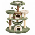 Tiragraffi per gatti 60 x 60 x 130 cm in peluche verde e beige con cuccia amaca e pali in sisal