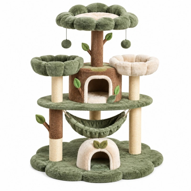Tiragraffi per gatti 60 x 60 x 130 cm in peluche verde e beige con cuccia amaca e pali in sisal
