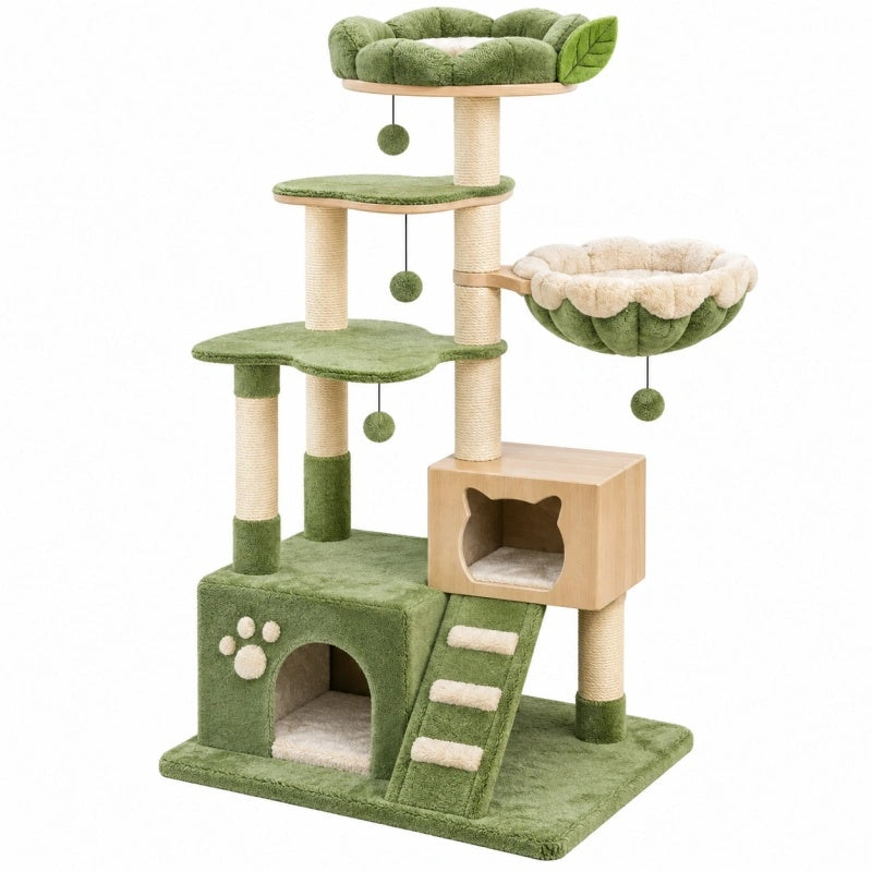 Tiragraffi per gatti 60 x 50 x 130 cm verde e beige in legno sisal e tessuto peluche con cuccia e palline