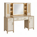 Toeletta 150 x 45 x 170 cm in legno beige e bianco con specchio illuminato e inserti intrecciati
