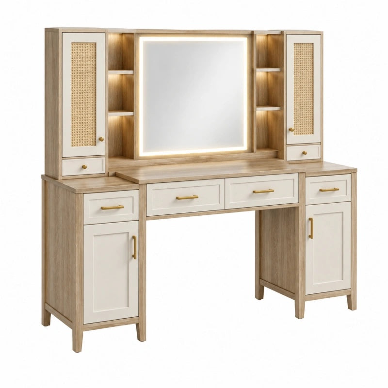 Toeletta 150 x 45 x 170 cm in legno beige e bianco con specchio illuminato e inserti intrecciati