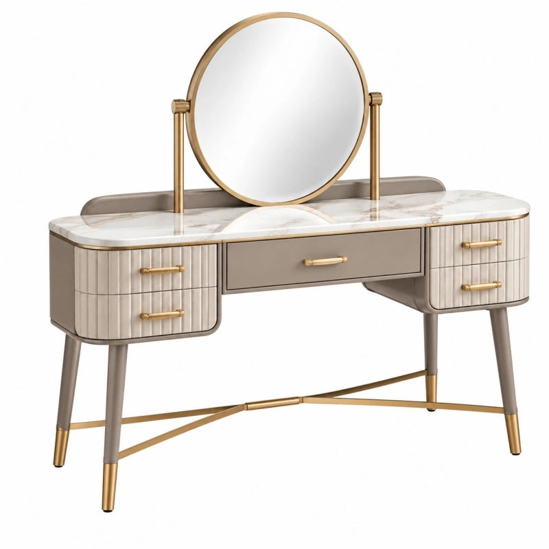 Toeletta 120 x 50 x 145 cm con specchio rotondo in legno ingegnerizzato beige effetto marmo stile moderno