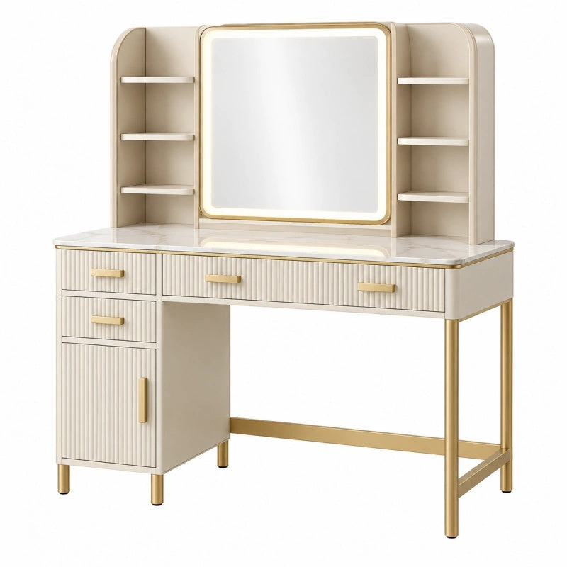 Toeletta con specchio 120 x 50 x 150 cm beige e oro con ripiani e cassetti