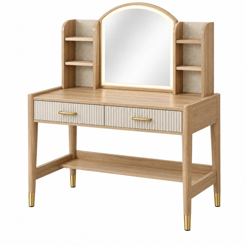 Tavolo da trucco 100 x 45 x 145 cm in legno beige con specchio e ripiani stile moderno
