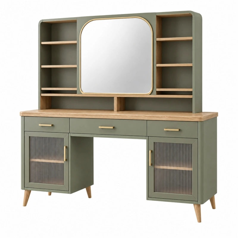 Toeletta 140 x 50 x 180 cm in legno verde salvia con specchio e contenitori stile moderno