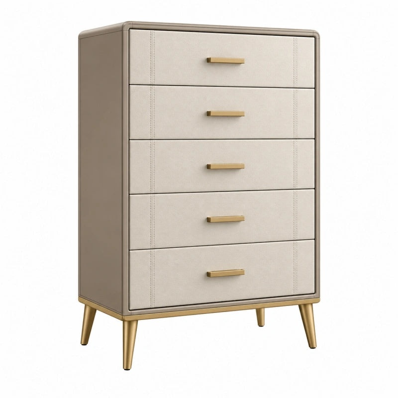 Cassettiera 80 x 45 x 120 cm in tessuto beige con 5 cassetti e gambe dorate