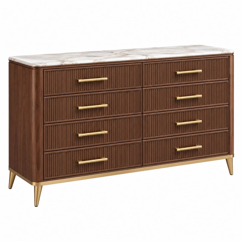 Cassettiera 140x45x85 cm in legno marrone con piano effetto marmo e 8 cassetti stile moderno